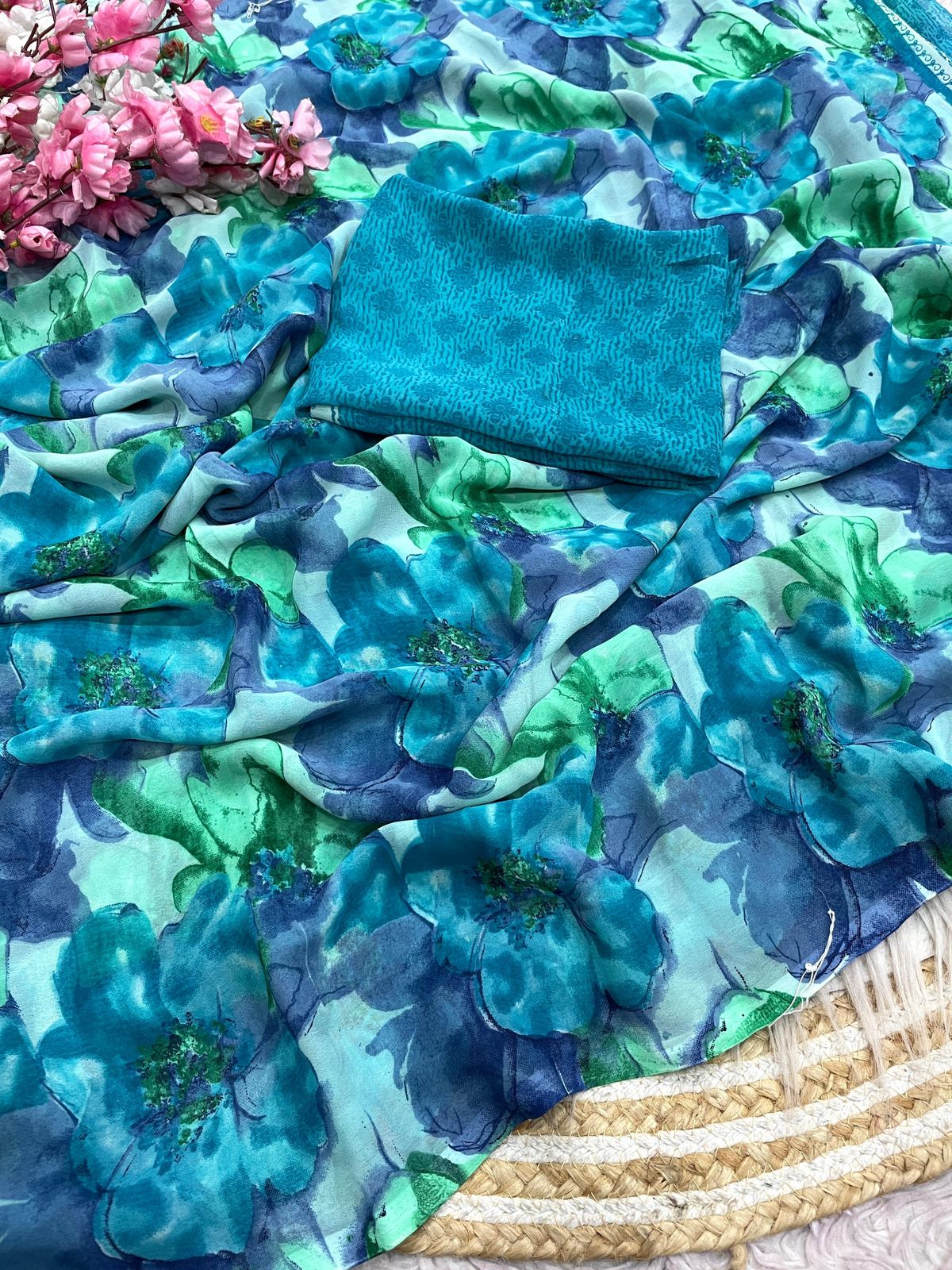 Kayatri New Elegant Floral Printed Wetless Georgette Saree with Same Fabric Blouse