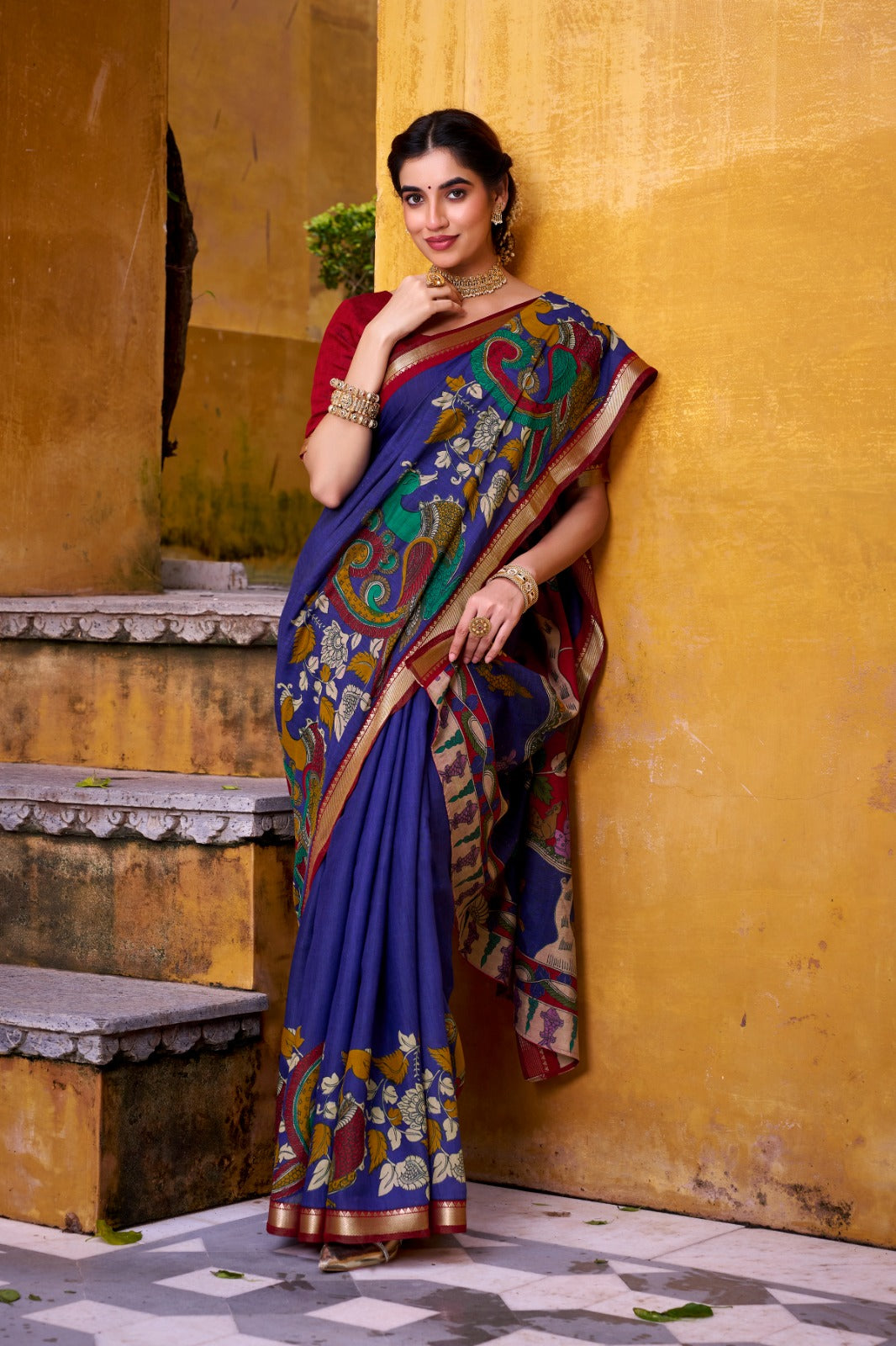 Kayatri New Traditional Kalamkari Printed Chanderi Saree with Zari Detailing