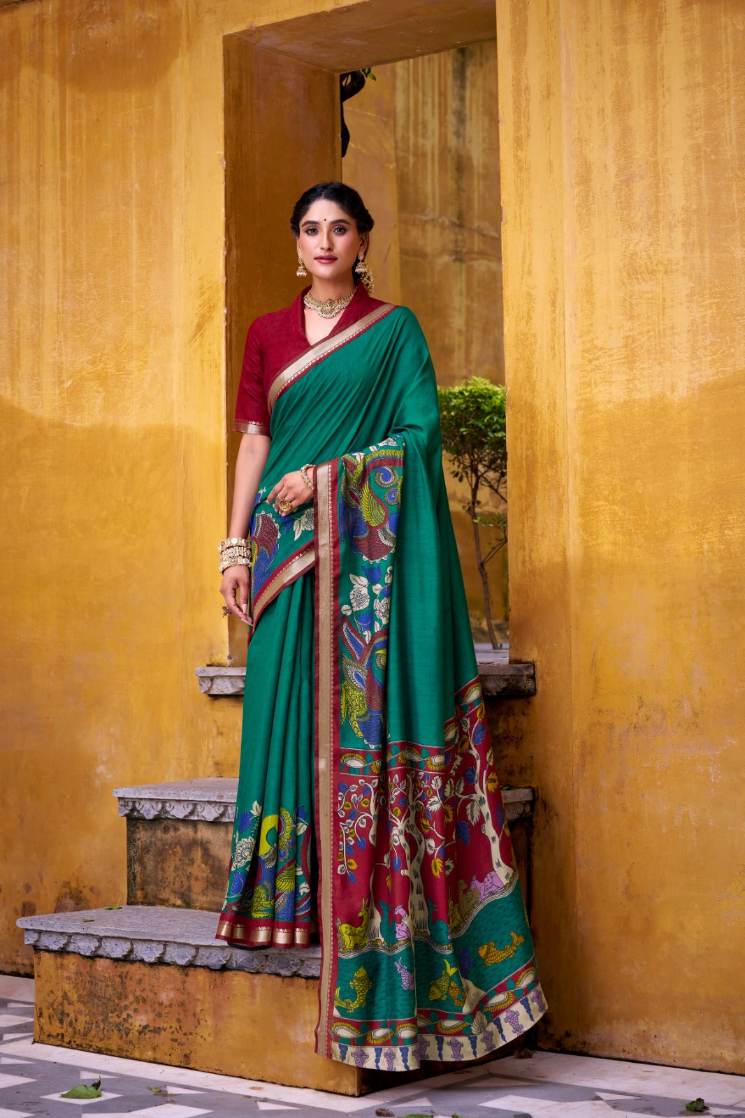 Kayatri New Traditional Kalamkari Printed Chanderi Saree with Zari Detailing