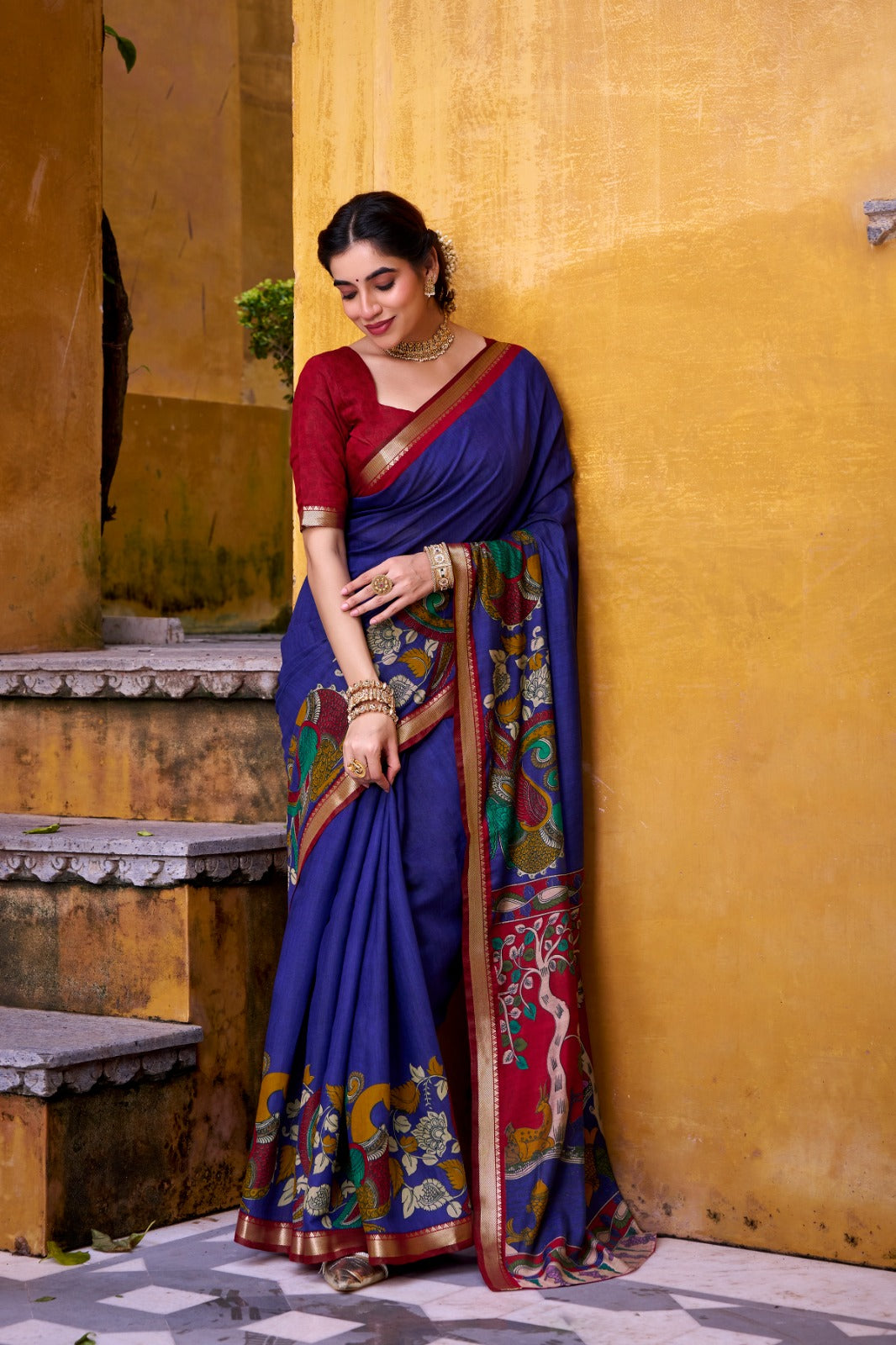 Kayatri New Traditional Kalamkari Printed Chanderi Saree with Zari Detailing