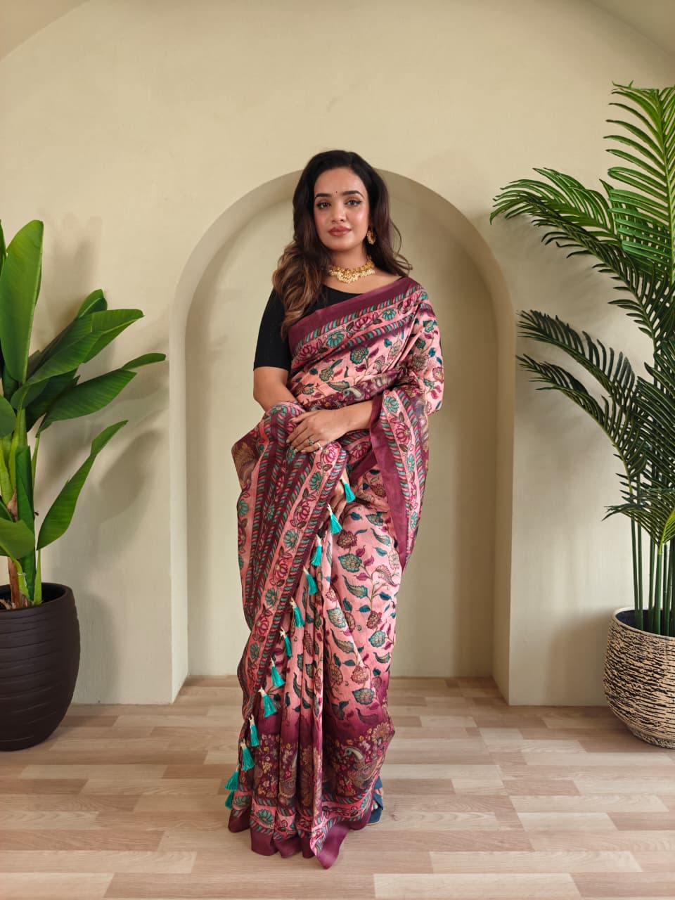 Kayatri New Colorful Pure Cotton Saree with Kalamkari Digital Print & Elegant Tassel Finish