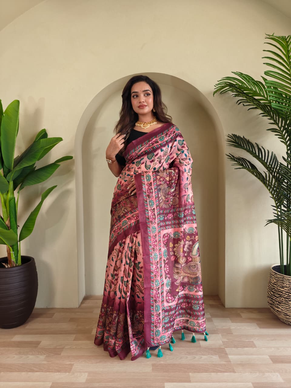 Kayatri New Colorful Pure Cotton Saree with Kalamkari Digital Print & Elegant Tassel Finish
