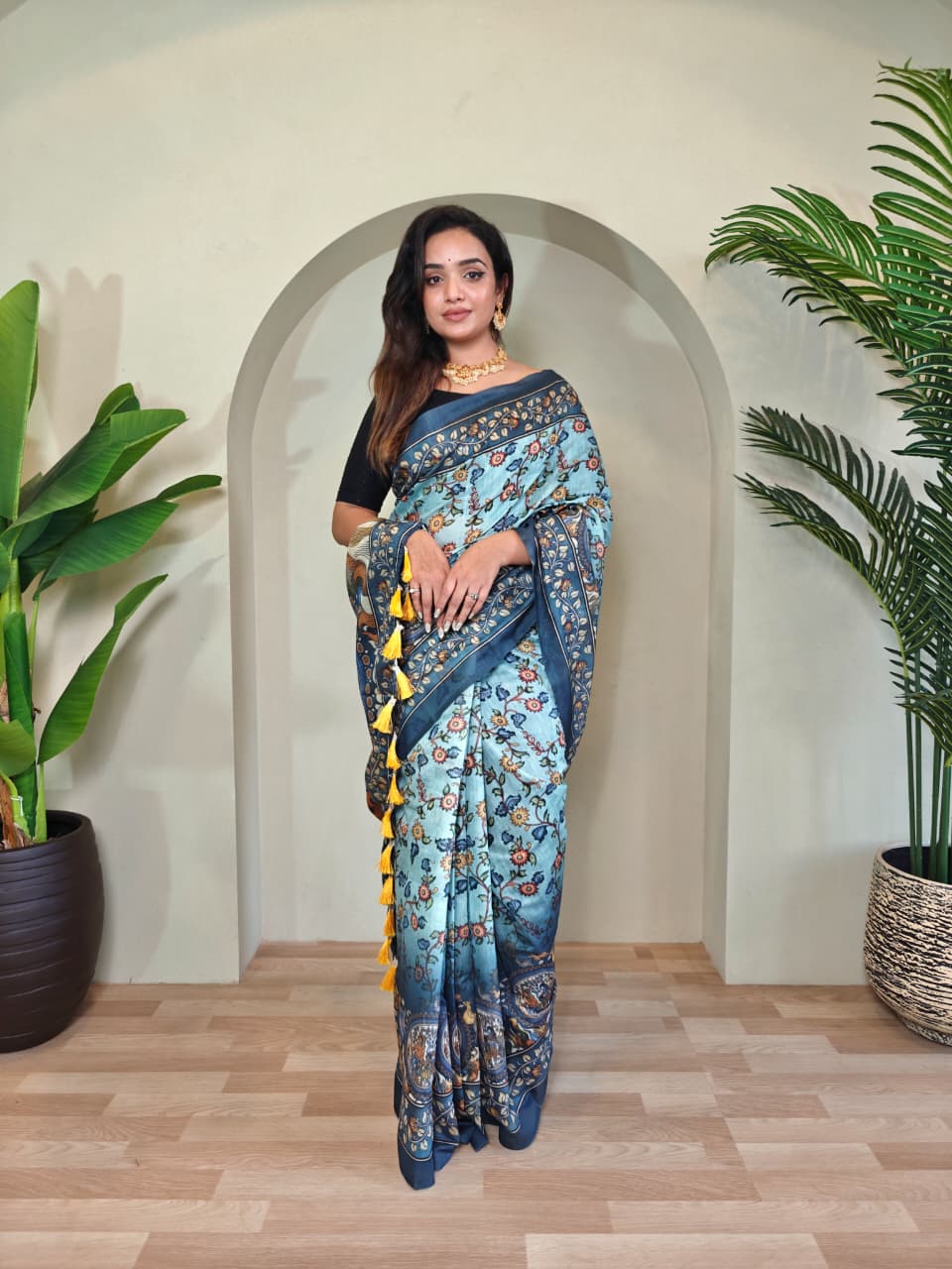 Kayatri New Colorful Pure Cotton Saree with Kalamkari Digital Print & Elegant Tassel Finish