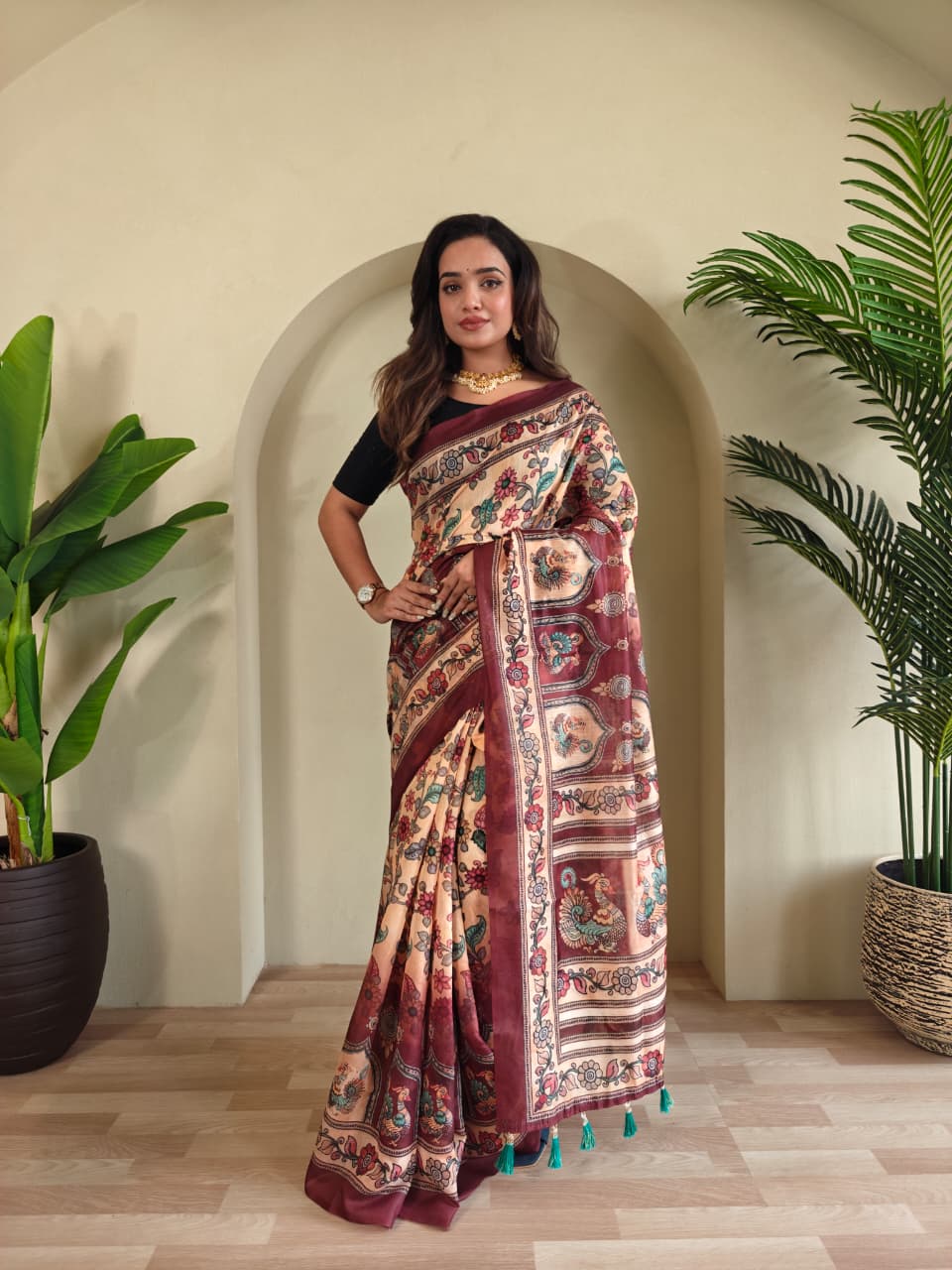 Kayatri New Colorful Pure Cotton Saree with Kalamkari Digital Print & Elegant Tassel Finish