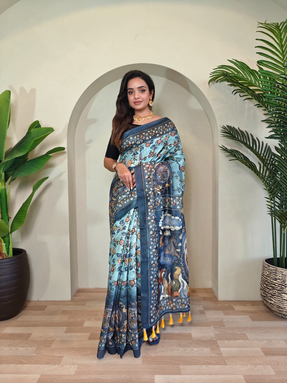 Kayatri New Colorful Pure Cotton Saree with Kalamkari Digital Print & Elegant Tassel Finish