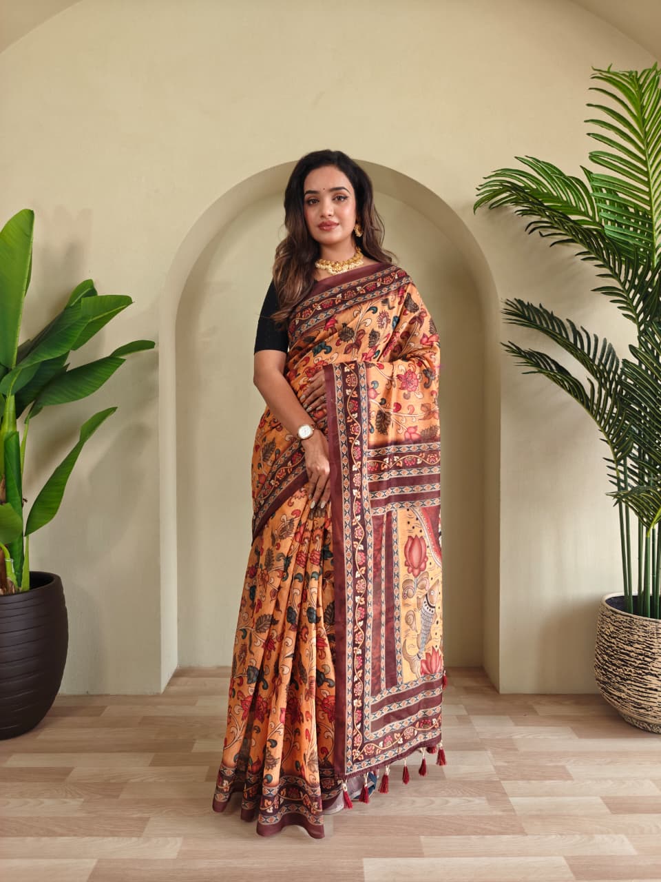 Kayatri New Colorful Pure Cotton Saree with Kalamkari Digital Print & Elegant Tassel Finish