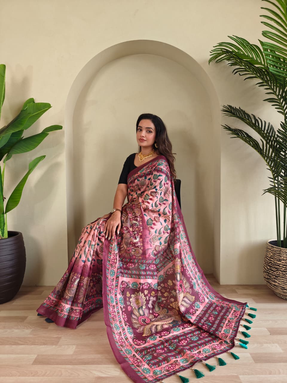 Kayatri New Colorful Pure Cotton Saree with Kalamkari Digital Print & Elegant Tassel Finish