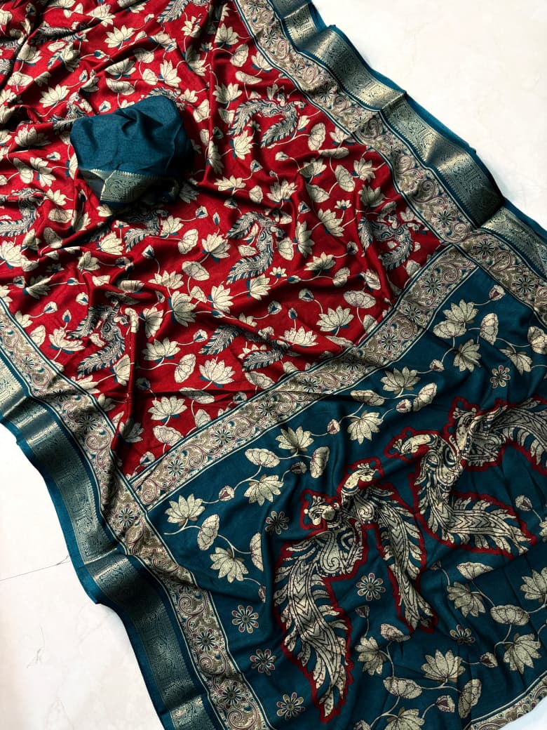 Kayatri New Premium Black Dola Silk Saree with Pen Kalamkari Artwork