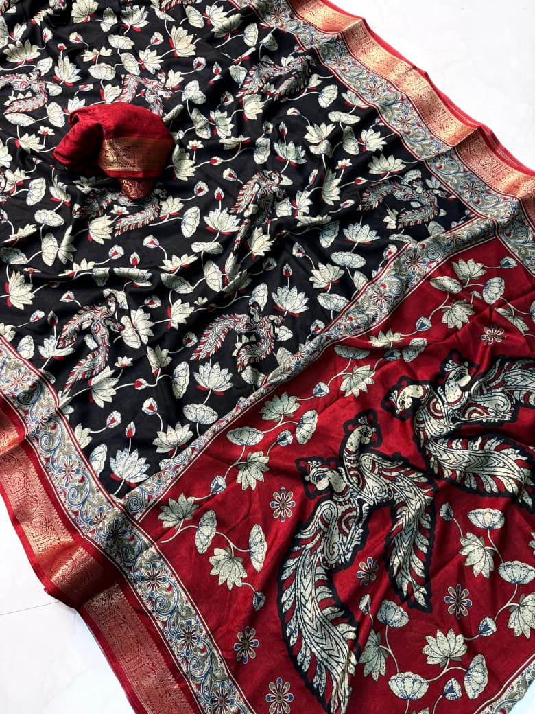 Kayatri New Premium Black Dola Silk Saree with Pen Kalamkari Artwork