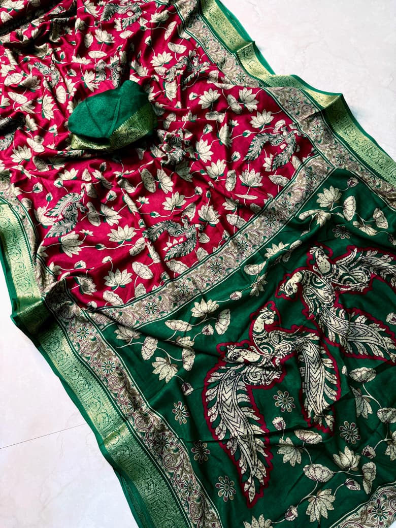 Kayatri New Premium Black Dola Silk Saree with Pen Kalamkari Artwork