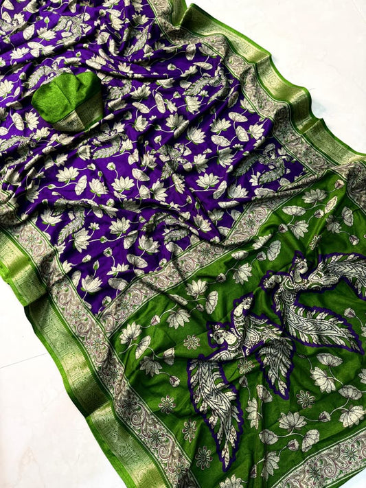 Kayatri New Premium Black Dola Silk Saree with Pen Kalamkari Artwork