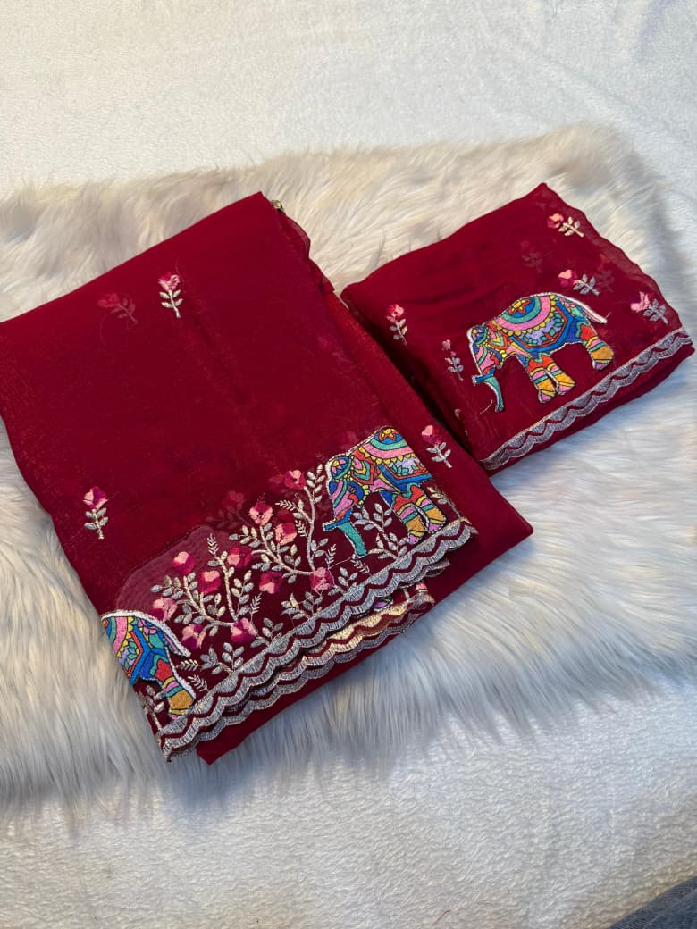 Kayatri New Premium Soft Crunchy Embroidered Saree with Matching Work Blouse