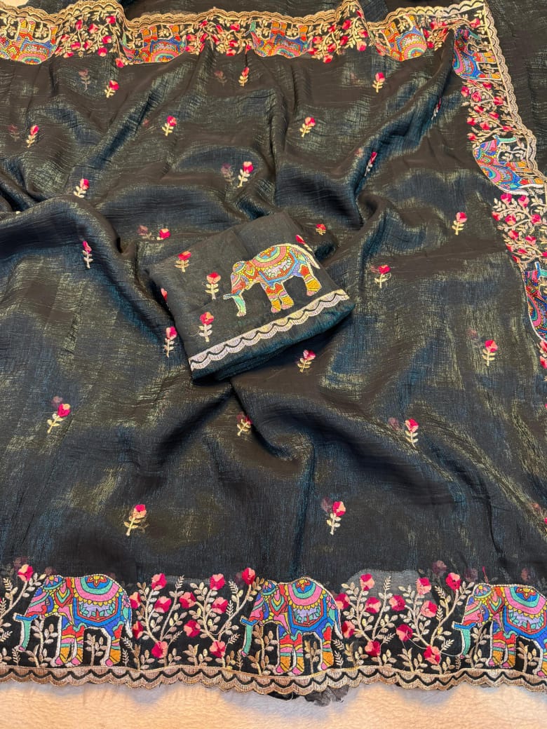 Kayatri New Premium Soft Crunchy Embroidered Saree with Matching Work Blouse