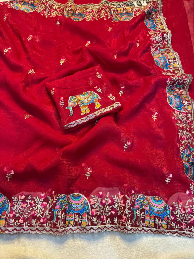 Kayatri New Premium Soft Crunchy Embroidered Saree with Matching Work Blouse