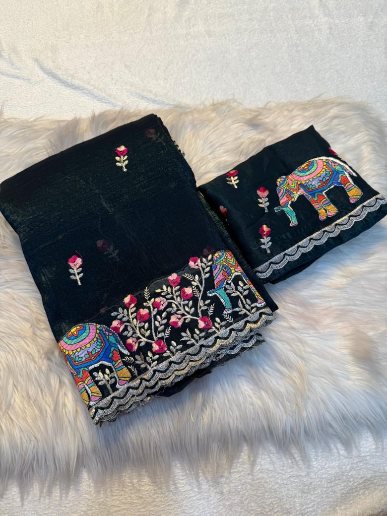 Kayatri New Premium Soft Crunchy Embroidered Saree with Matching Work Blouse