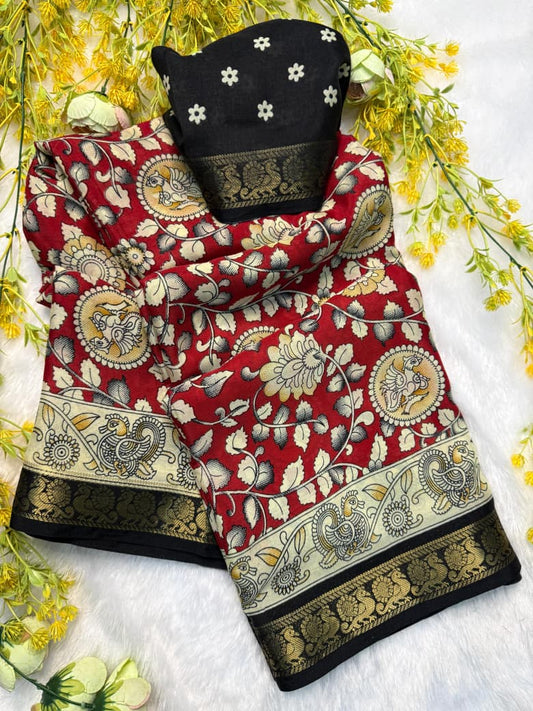 Kayatri New Premium Soft Mul Mul Cotton Silk Saree with Beautiful Pen Kalamkari Design, Contrast Zari Weaving Hamsa Borders