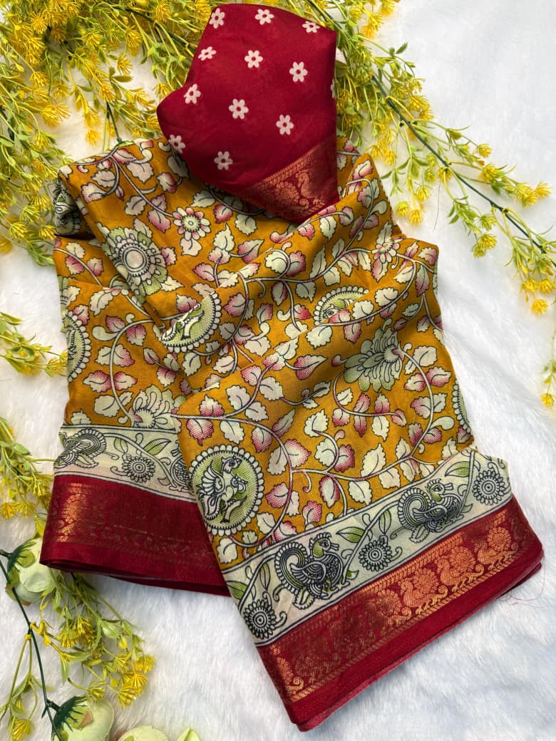 Kayatri New Premium Soft Mul Mul Cotton Silk Saree with Beautiful Pen Kalamkari Design, Contrast Zari Weaving Hamsa Borders