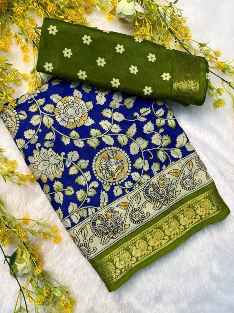 Kayatri New Premium Soft Mul Mul Cotton Silk Saree with Beautiful Pen Kalamkari Design, Contrast Zari Weaving Hamsa Borders