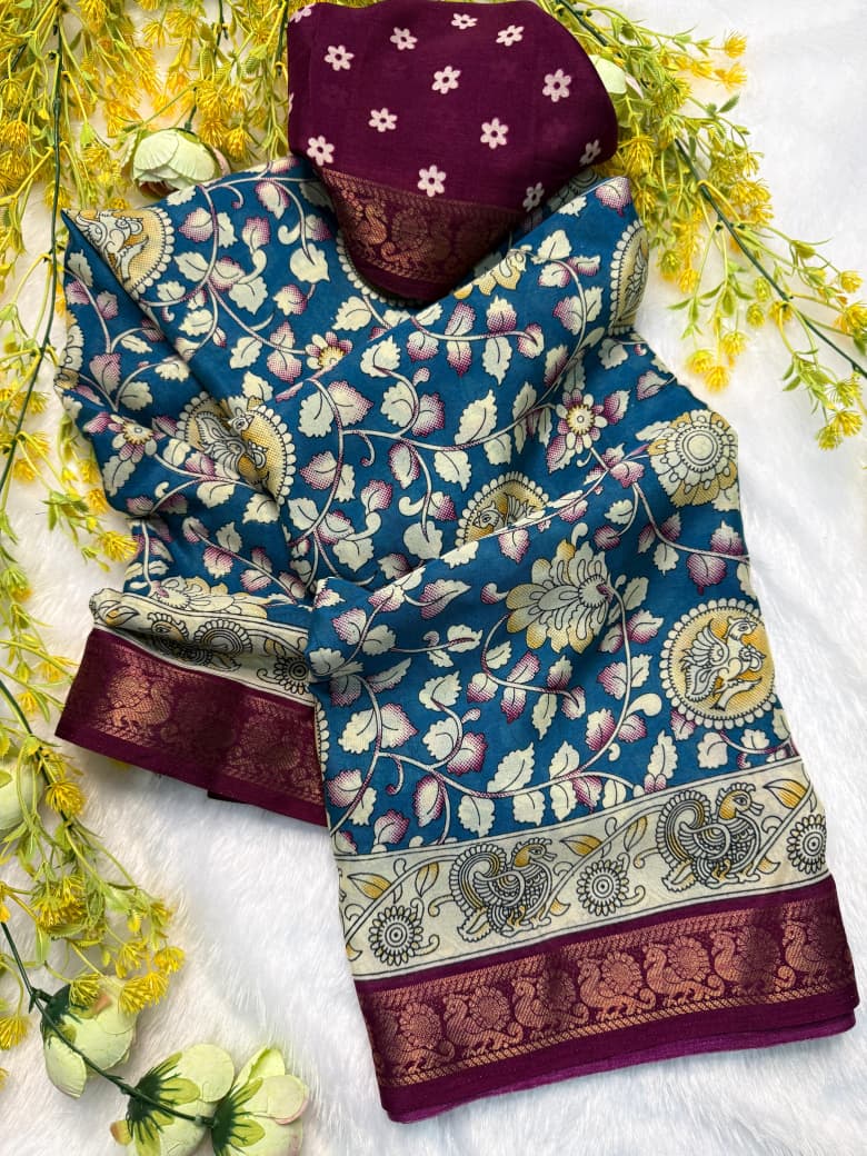 Kayatri New Premium Soft Mul Mul Cotton Silk Saree with Beautiful Pen Kalamkari Design, Contrast Zari Weaving Hamsa Borders