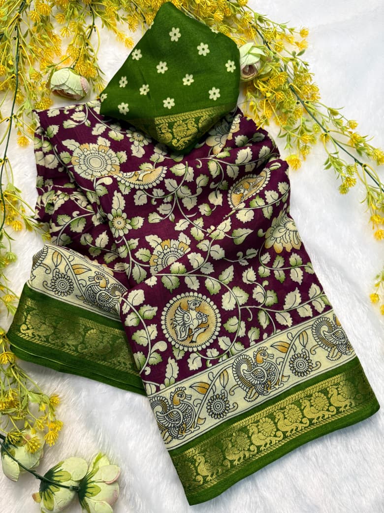 Kayatri New Premium Soft Mul Mul Cotton Silk Saree with Beautiful Pen Kalamkari Design, Contrast Zari Weaving Hamsa Borders