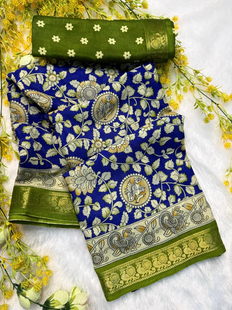 Kayatri New Premium Soft Mul Mul Cotton Silk Saree with Beautiful Pen Kalamkari Design, Contrast Zari Weaving Hamsa Borders