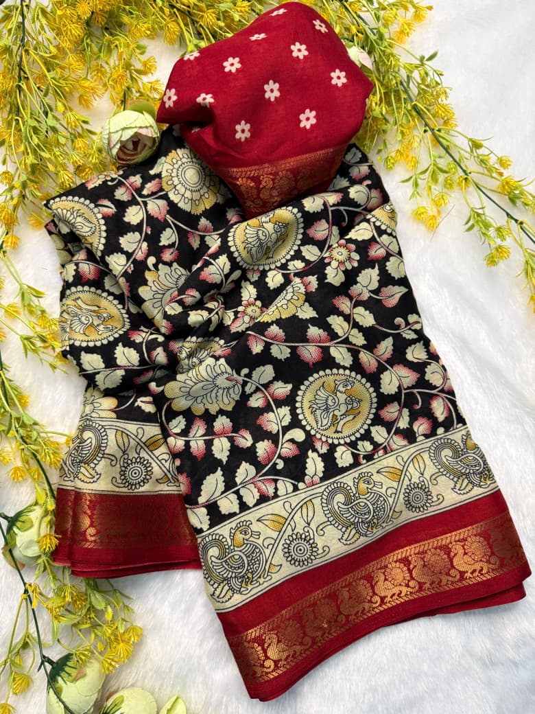 Kayatri New Premium Soft Mul Mul Cotton Silk Saree with Beautiful Pen Kalamkari Design, Contrast Zari Weaving Hamsa Borders