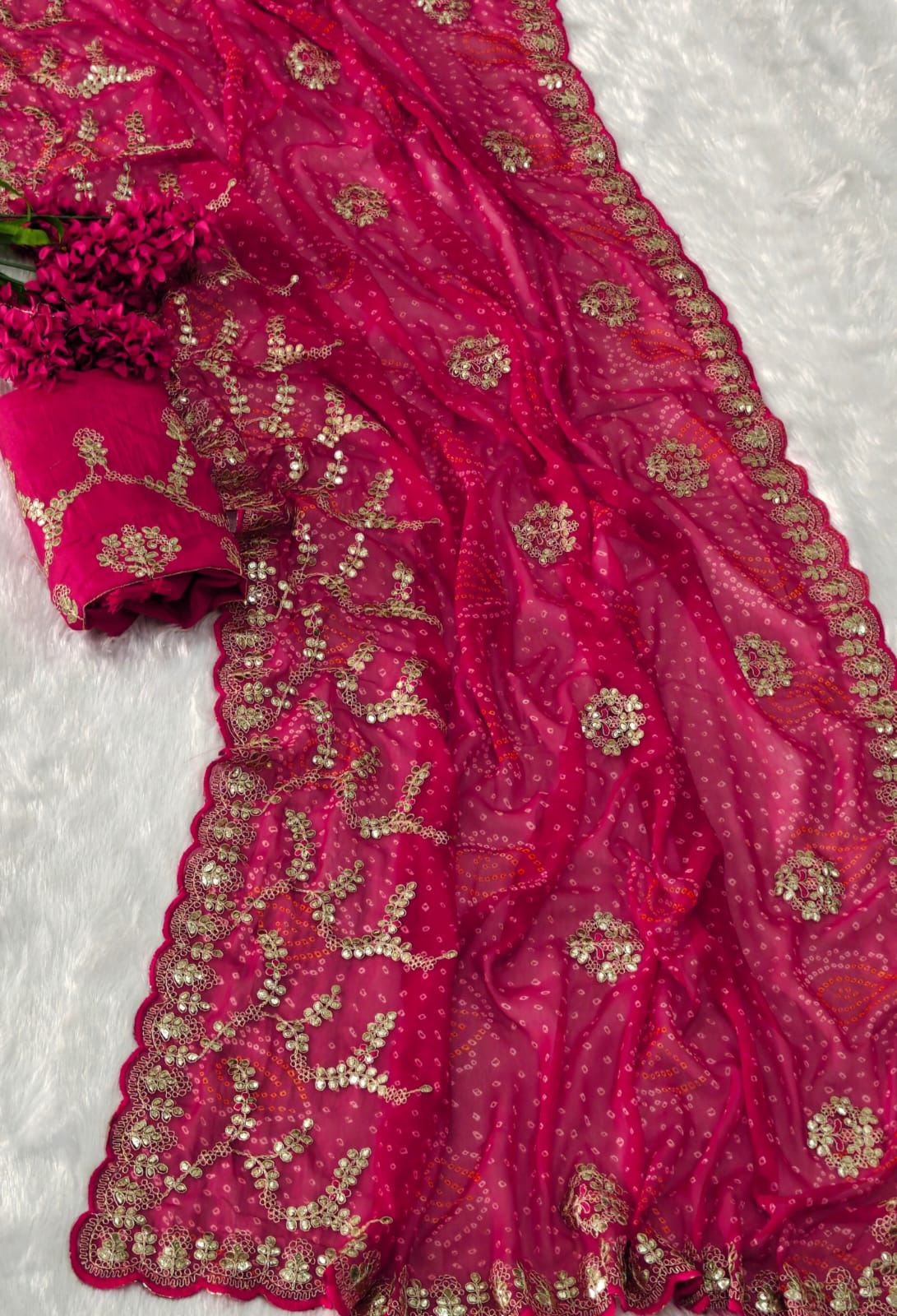 Kayatri New Elegant Bandhani Print Georgette Saree with Heavy Work & Mono Banglori Blouse