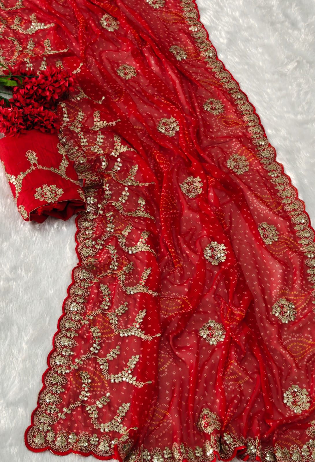 Kayatri New Elegant Bandhani Print Georgette Saree with Heavy Work & Mono Banglori Blouse