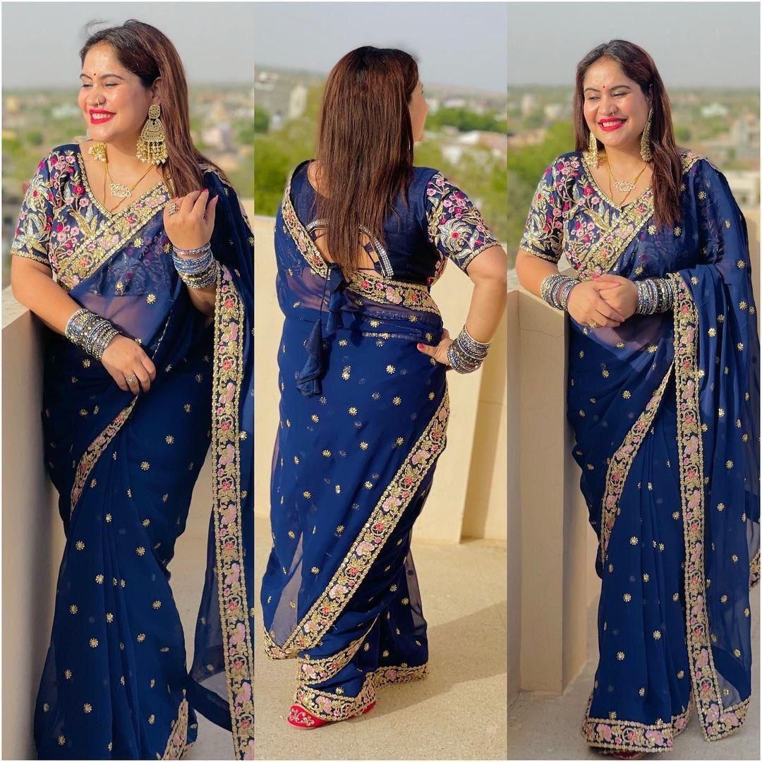 Kayatri New Stylish Georgette Saree with Embroidered Butti Designer Border