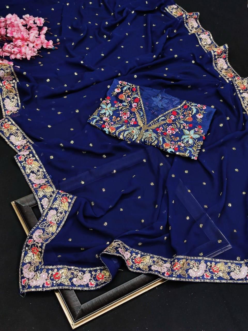 Kayatri New Stylish Georgette Saree with Embroidered Butti Designer Border