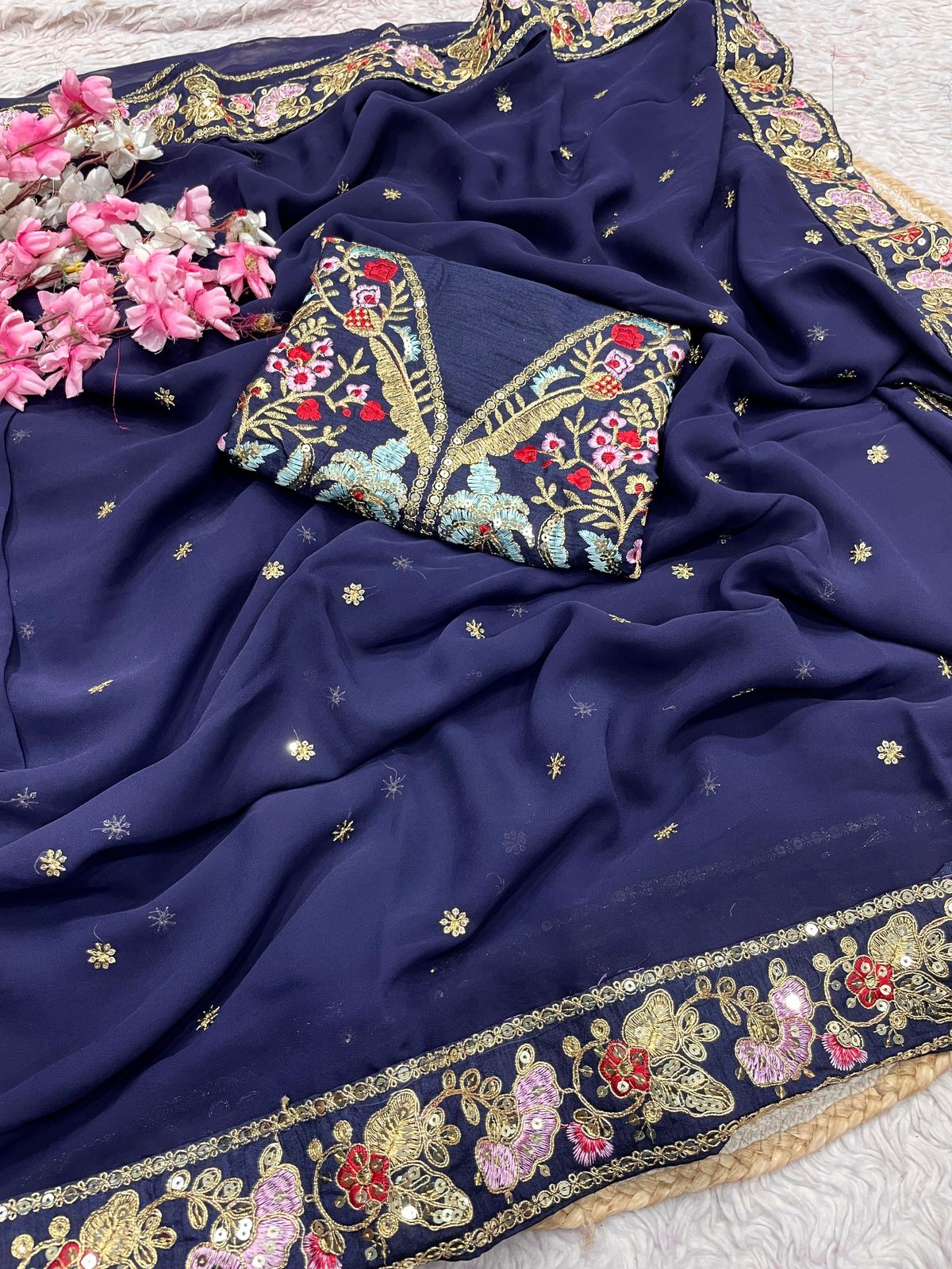 Kayatri New Stylish Georgette Saree with Embroidered Butti Designer Border