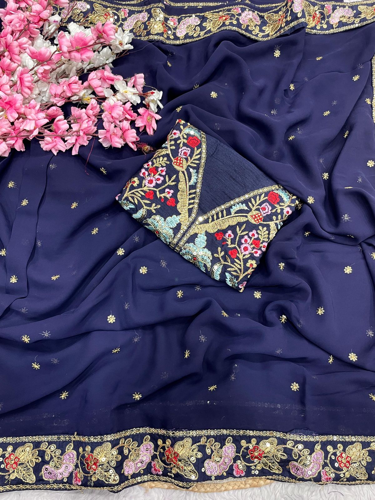 Kayatri New Stylish Georgette Saree with Embroidered Butti Designer Border