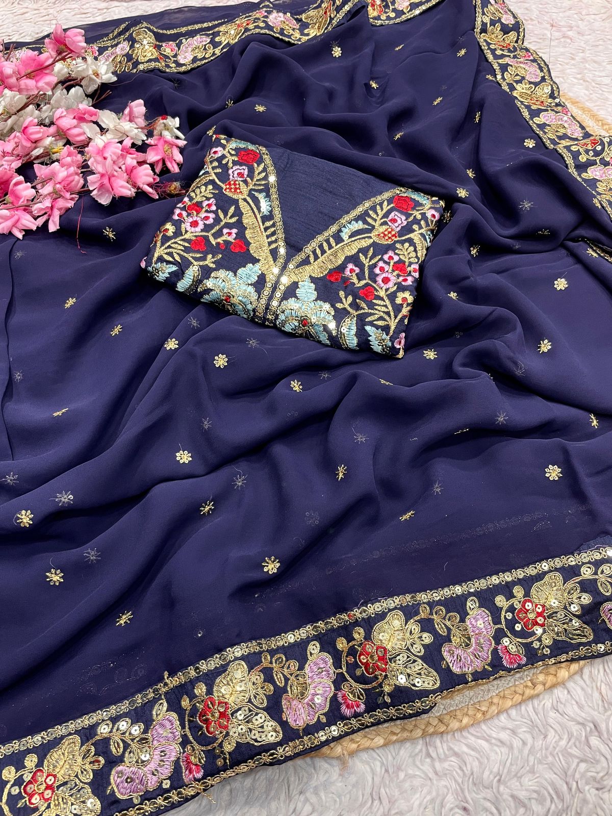 Kayatri New Stylish Georgette Saree with Embroidered Butti Designer Border