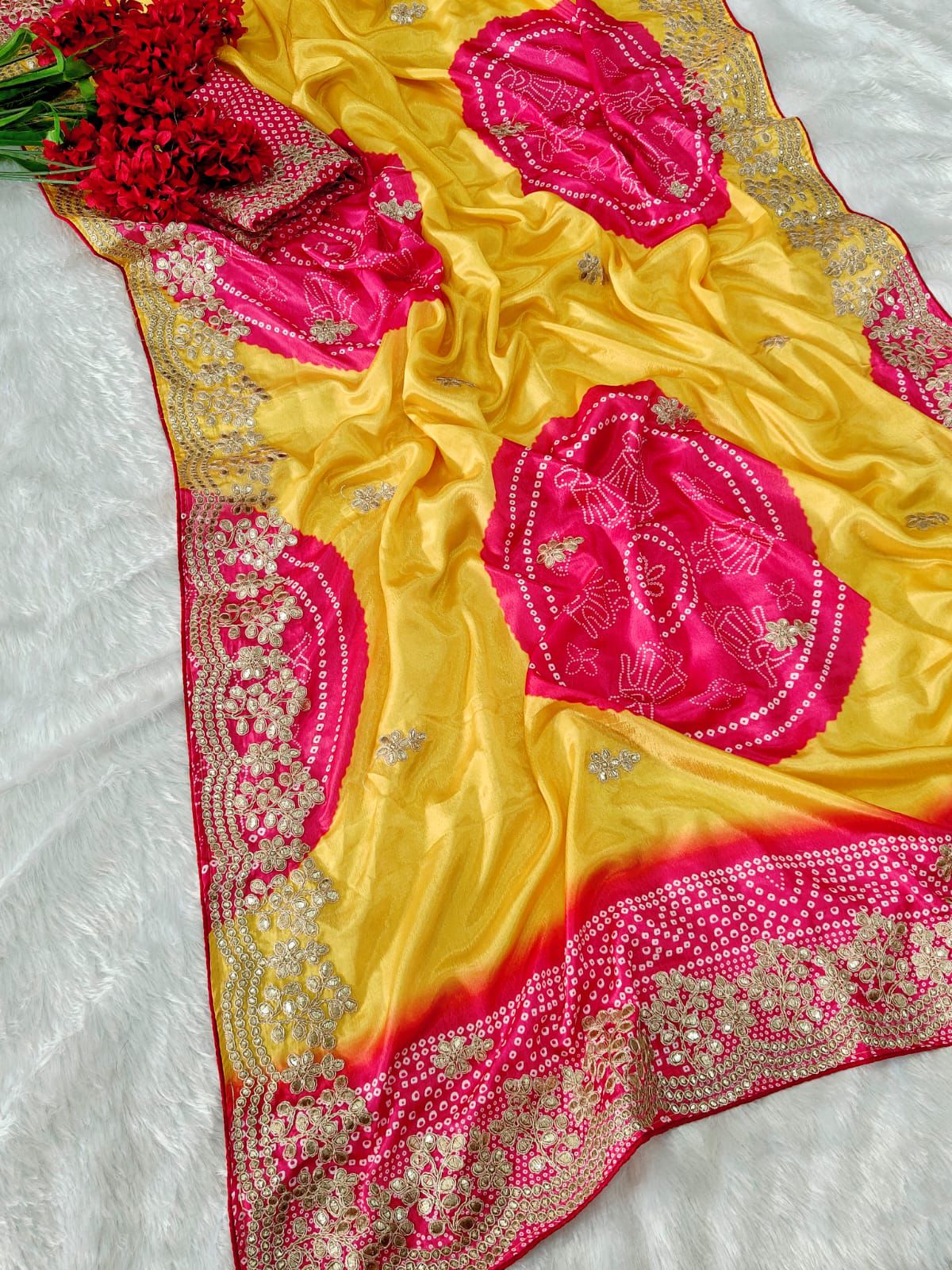 Kayatri New Designer Shiny Silk Digital Print Saree with Foil Embroidered Border