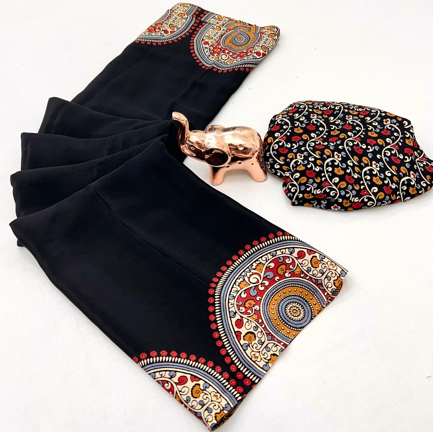 Kayatri New Traditional Ajrak Crepe Satin Saree With Rich Pallu