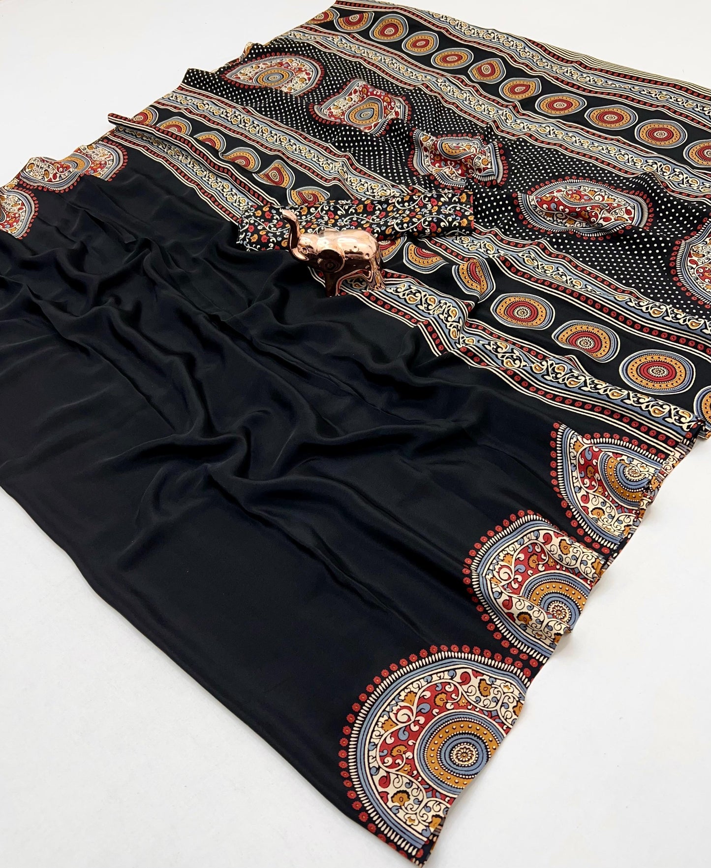 Kayatri New Traditional Ajrak Crepe Satin Saree With Rich Pallu