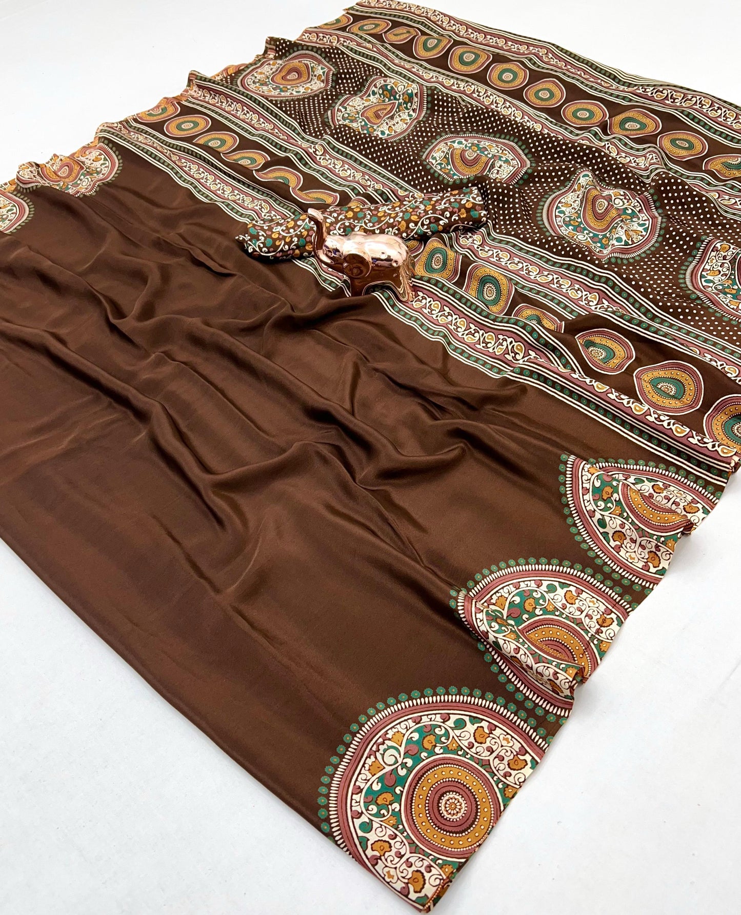 Kayatri New Traditional Ajrak Crepe Satin Saree With Rich Pallu