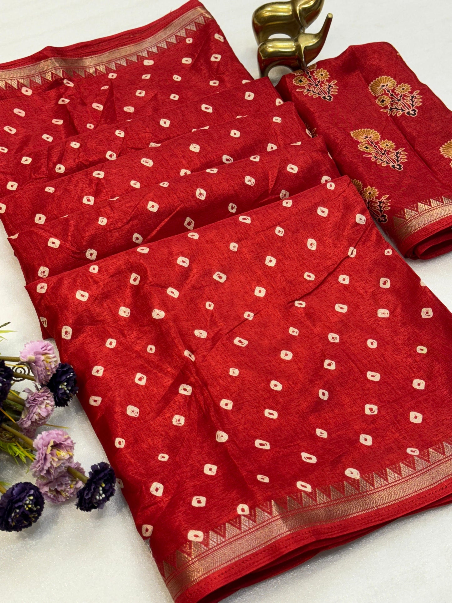 Kayatri New Elegant Tassar Silk Bandhani Saree with Weaving Border Batik Print Blouse