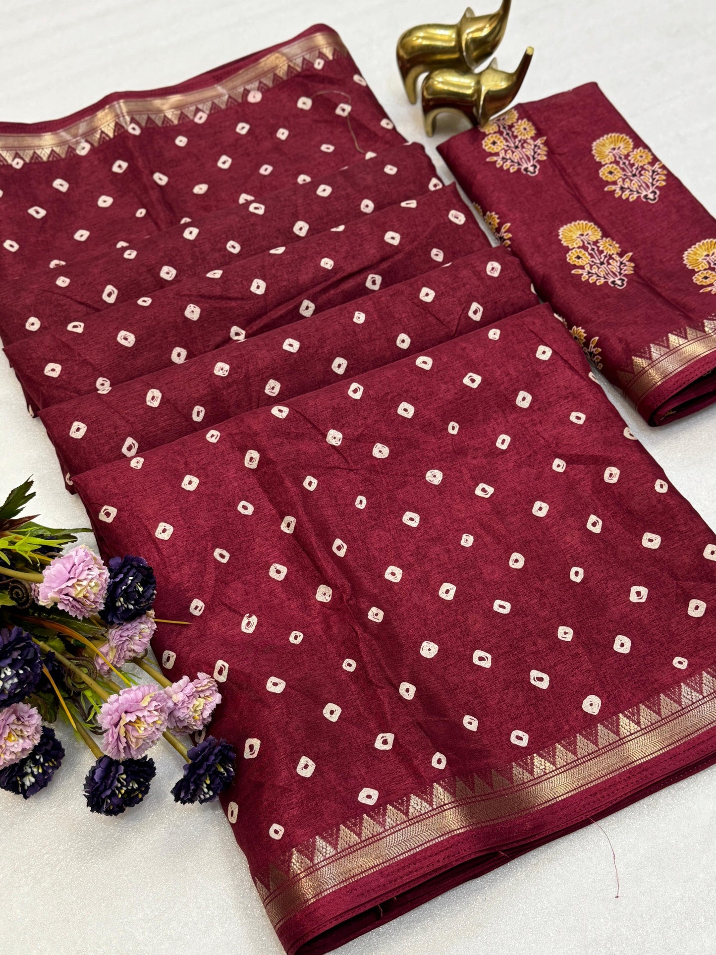 Kayatri New Elegant Tassar Silk Bandhani Saree with Weaving Border Batik Print Blouse