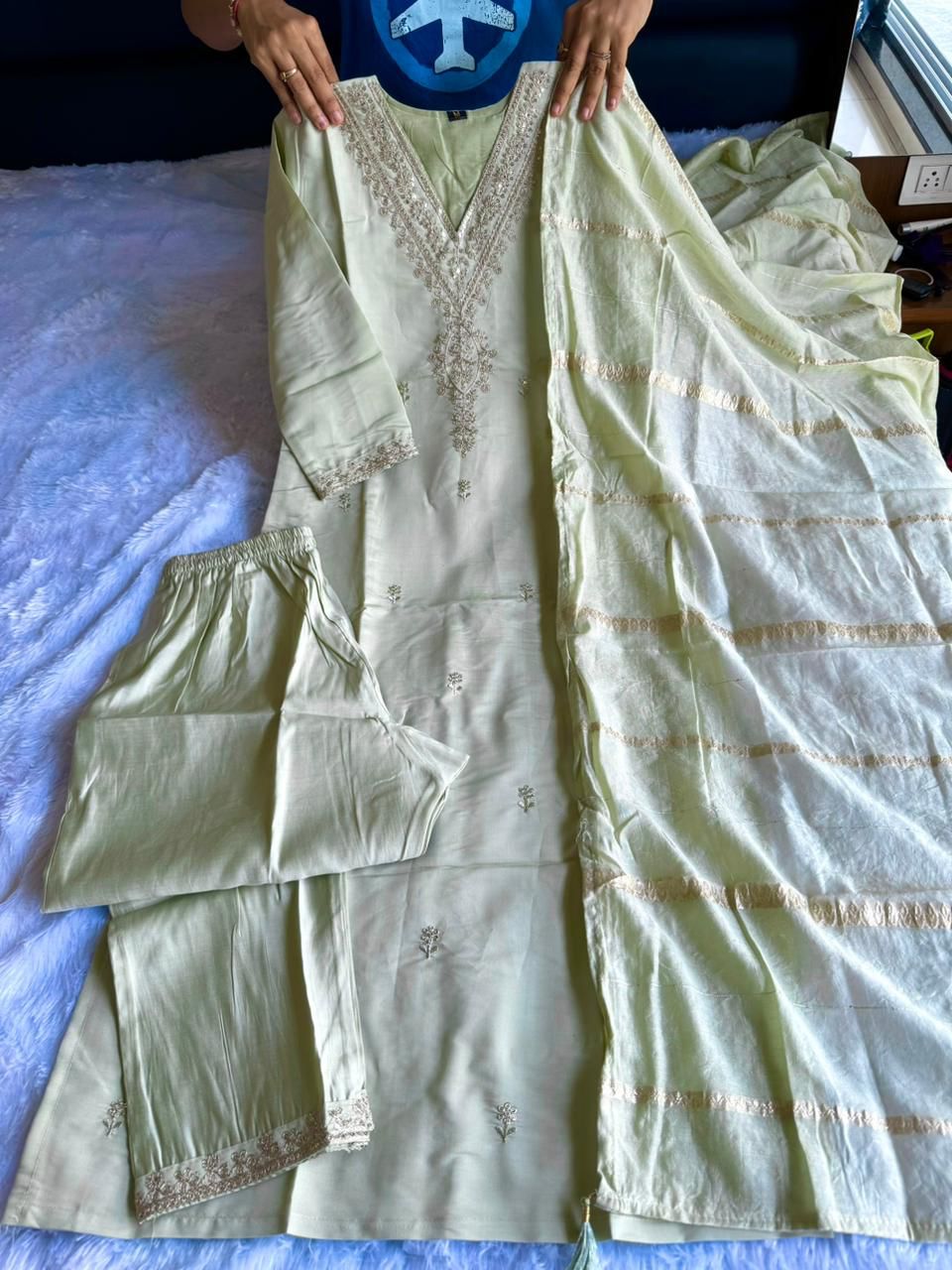 Kayatri New Designer Roman Silk Kurti Pant Dupatta Set with Embroidery Sequence Work