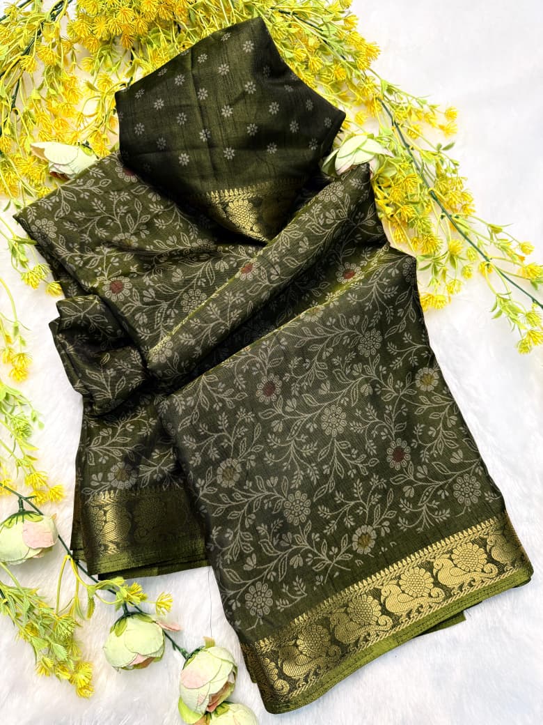 Kayatri New Premium Dola Silk Saree in Black with Pen Kalamkari Design and Zari Weaving