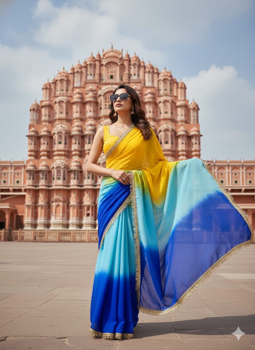 Kayatri New Designer Najbeen Chiffon Saree Accented with Gota Border