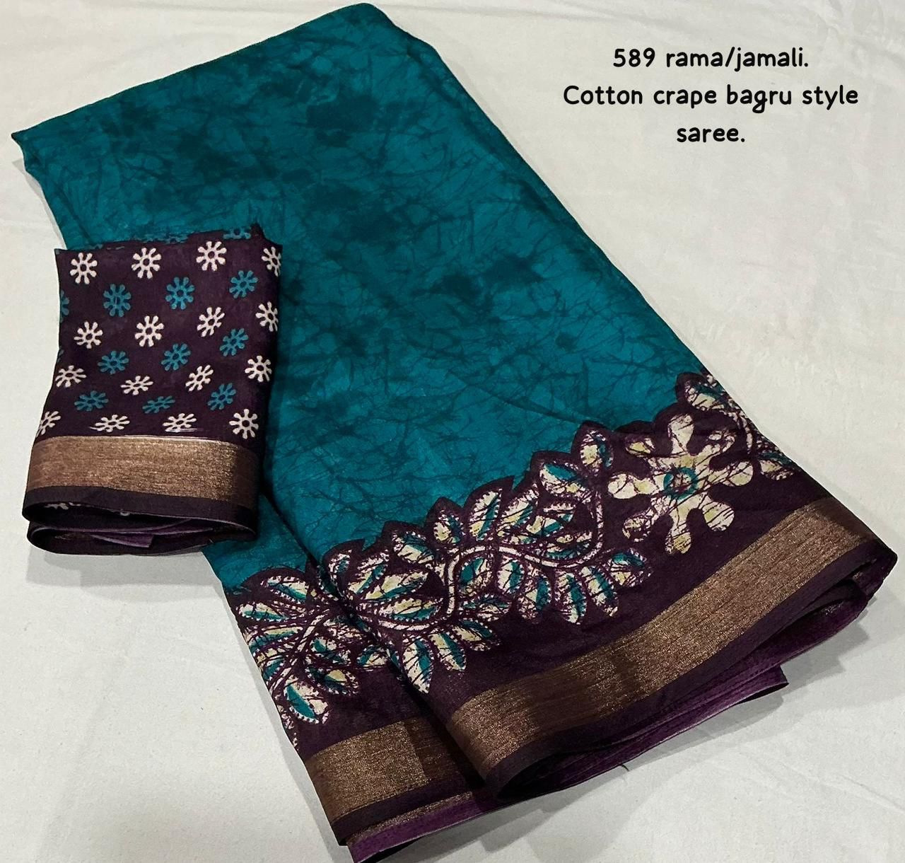 Kayatri New Exclusive Bagru Style Cotton Crepe Saree with Running Printed Blouse