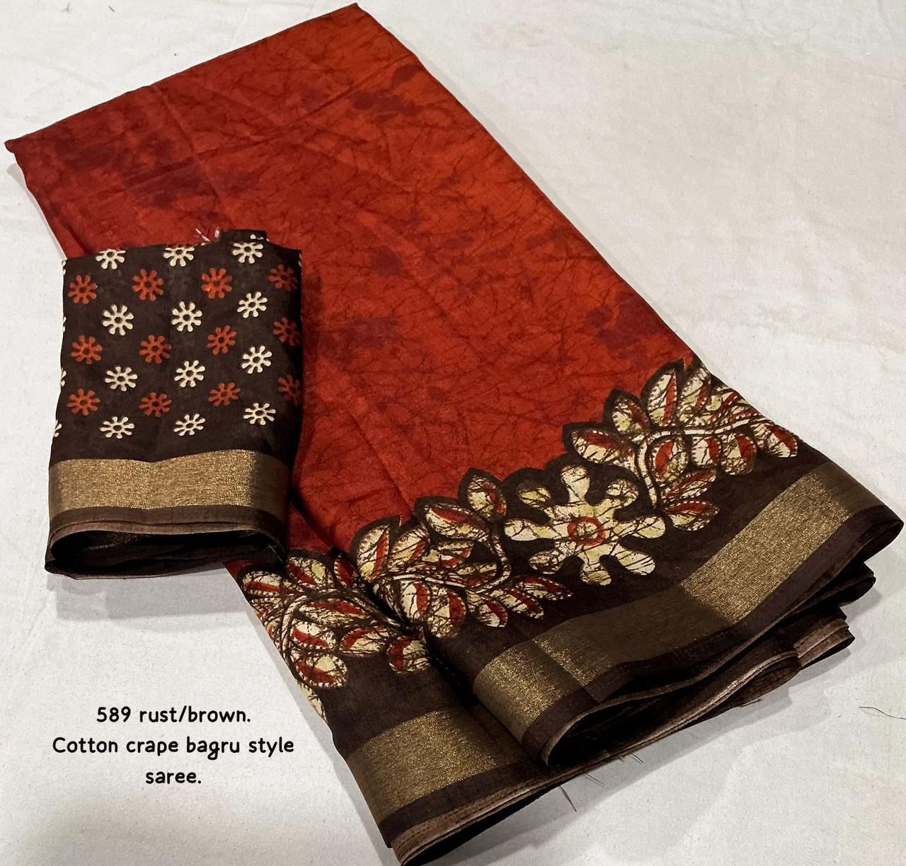 Kayatri New Exclusive Bagru Style Cotton Crepe Saree with Running Printed Blouse