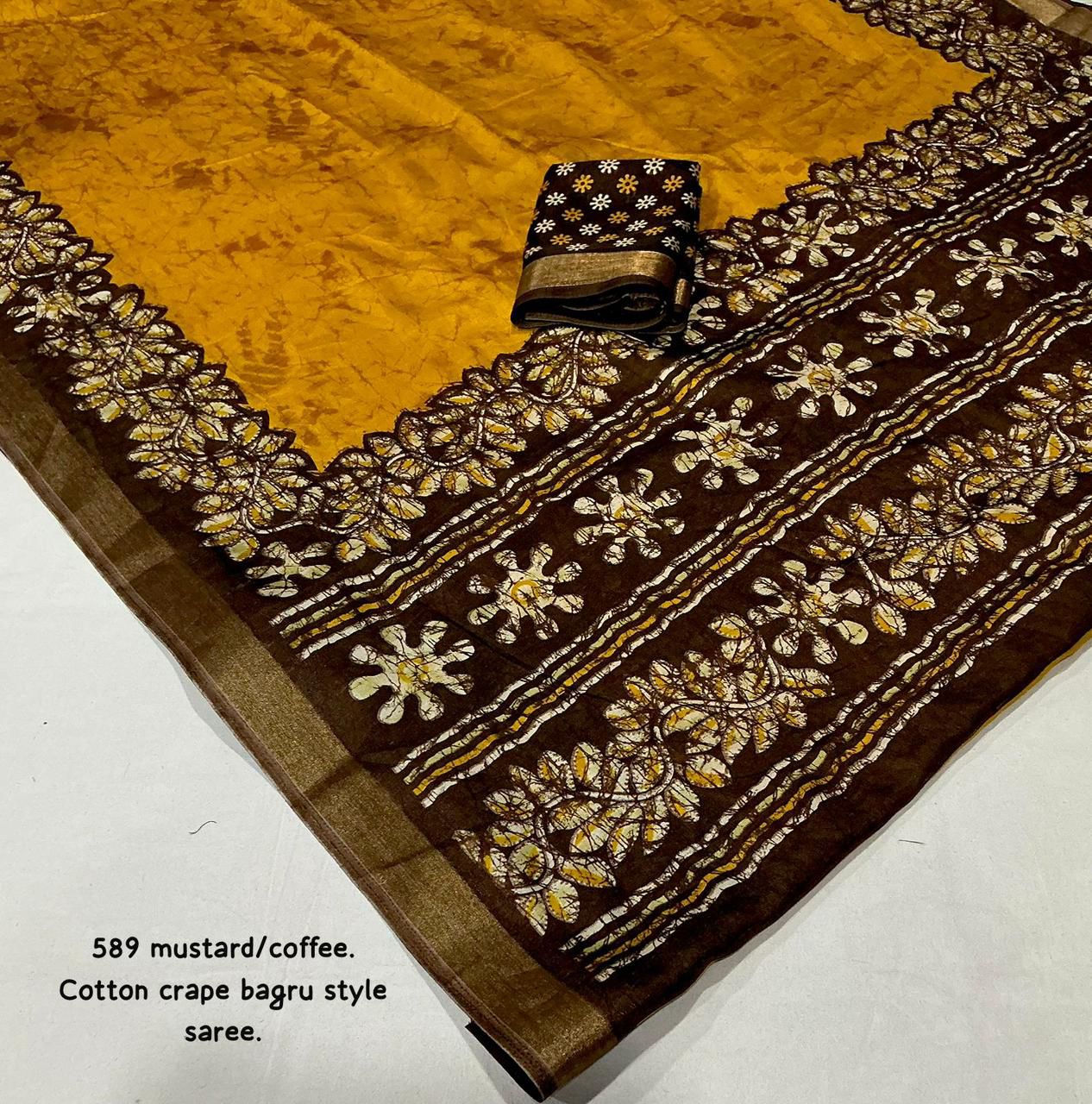 Kayatri New Exclusive Bagru Style Cotton Crepe Saree with Running Printed Blouse