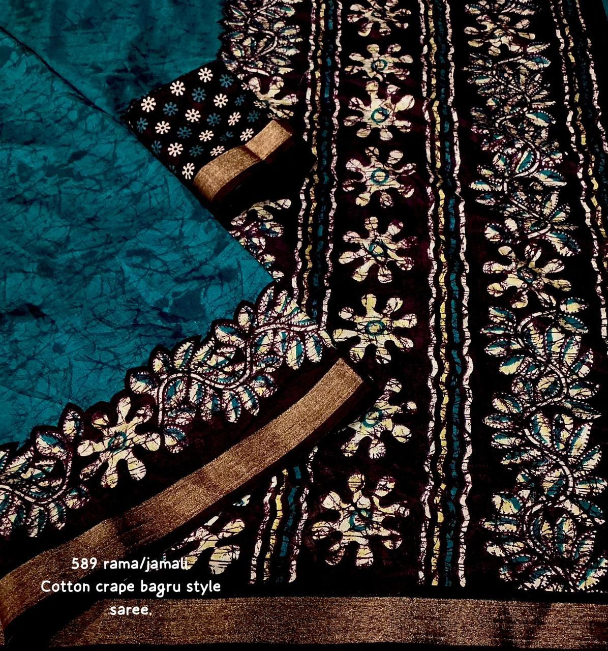 Kayatri New Exclusive Bagru Style Cotton Crepe Saree with Running Printed Blouse