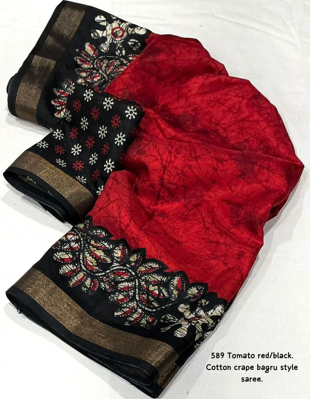 Kayatri New Exclusive Bagru Style Cotton Crepe Saree with Running Printed Blouse