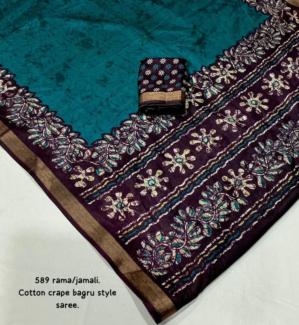 Kayatri New Exclusive Bagru Style Cotton Crepe Saree with Running Printed Blouse