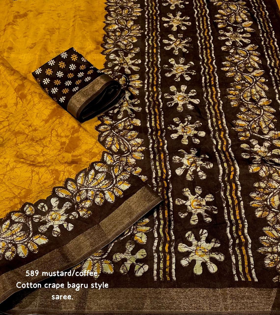 Kayatri New Exclusive Bagru Style Cotton Crepe Saree with Running Printed Blouse