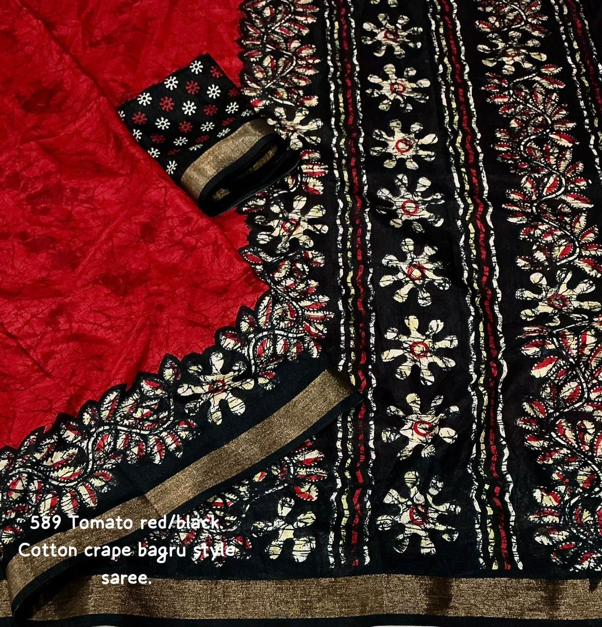 Kayatri New Exclusive Bagru Style Cotton Crepe Saree with Running Printed Blouse